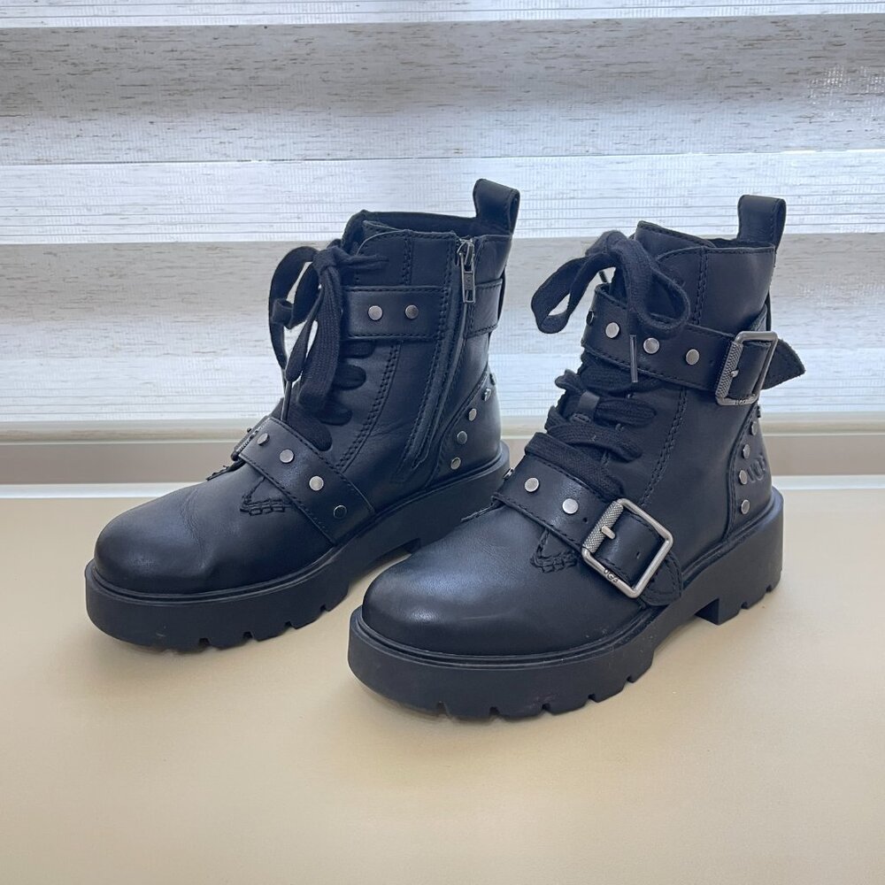 Ugg Zorrah Boots 6 Moto Combat Black Leather Silver Studs Side Zip Strap Buckle - Picture 2 of 16
